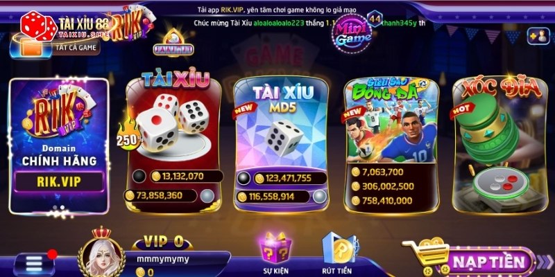 Giao diện của cổng game RIKVIP